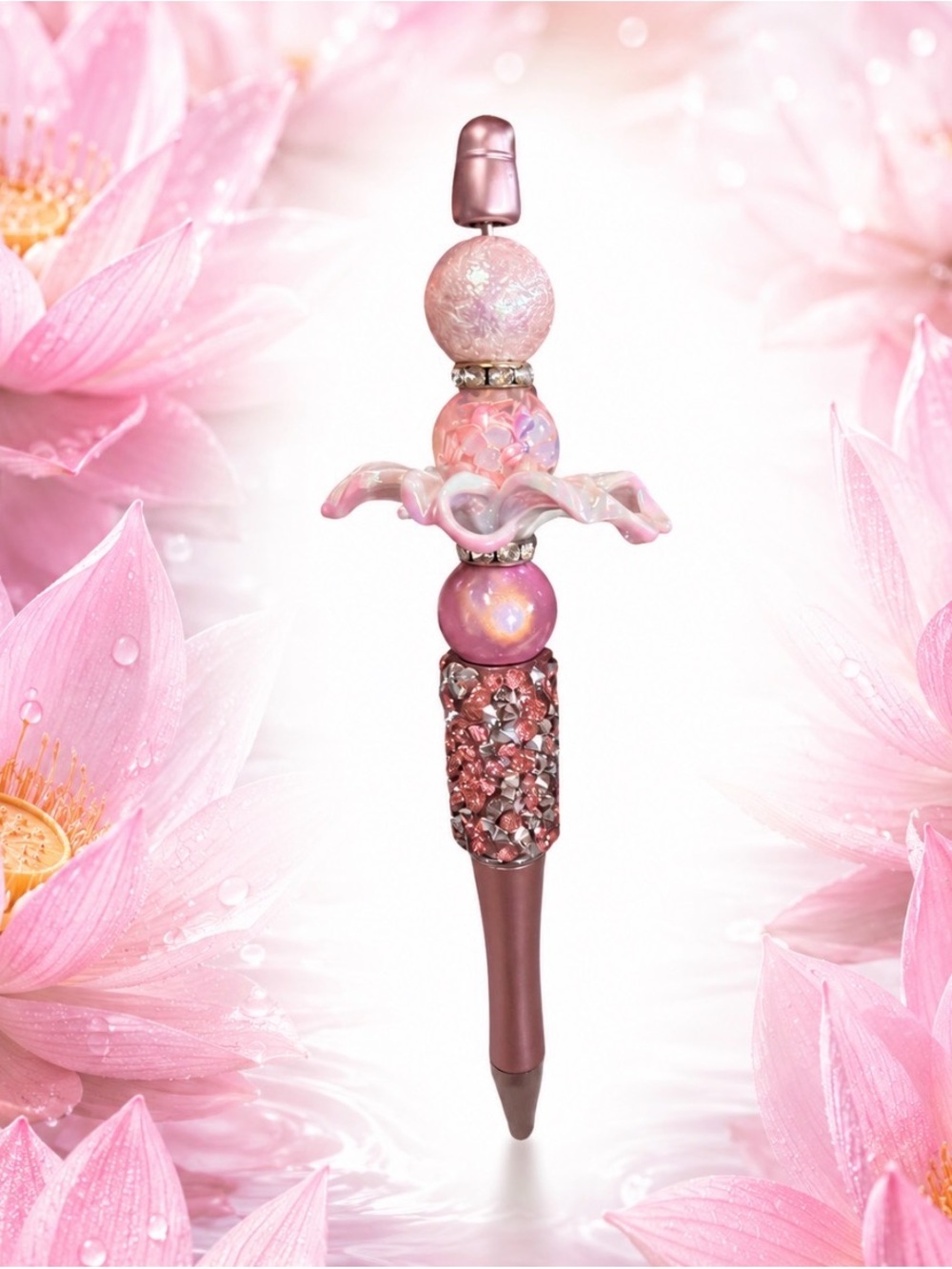 Handmade Pink Chrome Beaded Lotus Flower Decorative Pen
